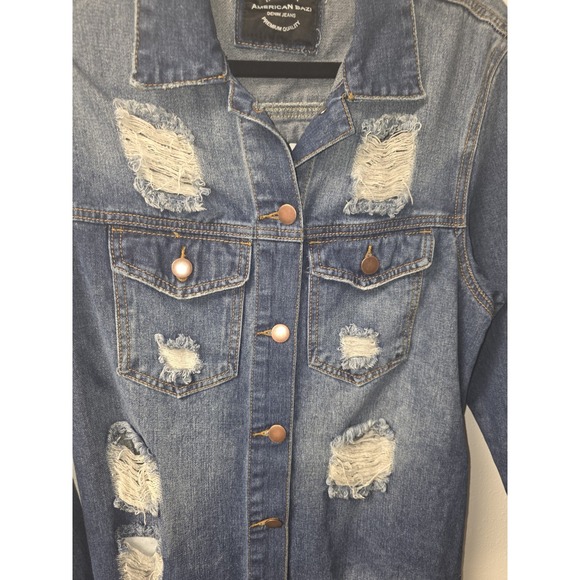 American Bazi Denim Blue Jean Jacket Distressed Long Length With Pockets Size M - Picture 3 of 8